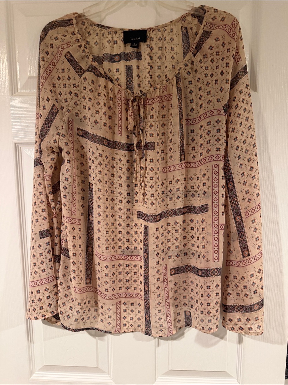 Lumiere Cream Boho Tie-Neck Tunic with Burgundy & Navy Print